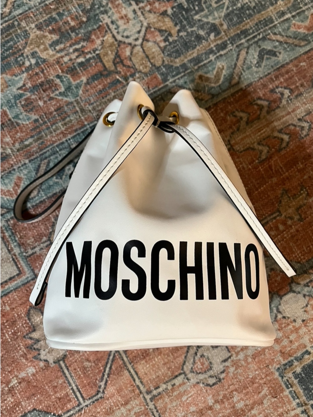 MOSCHINO Logo Bucket Bag Drawstring Wristlet White w/ Black Lettering LIKE NEW